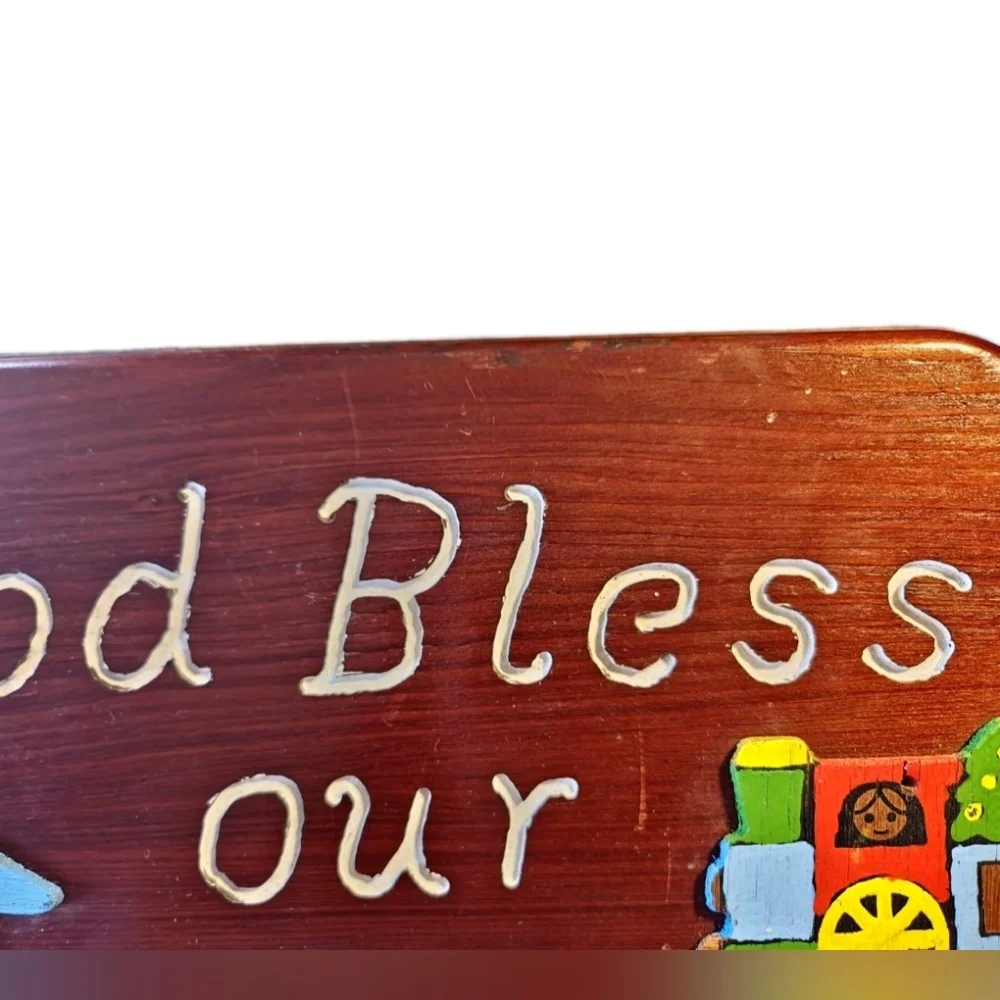 Vintage 70s 80s God Bless Our Home Religious Wooden Train ‎ Wall Plaque  Country